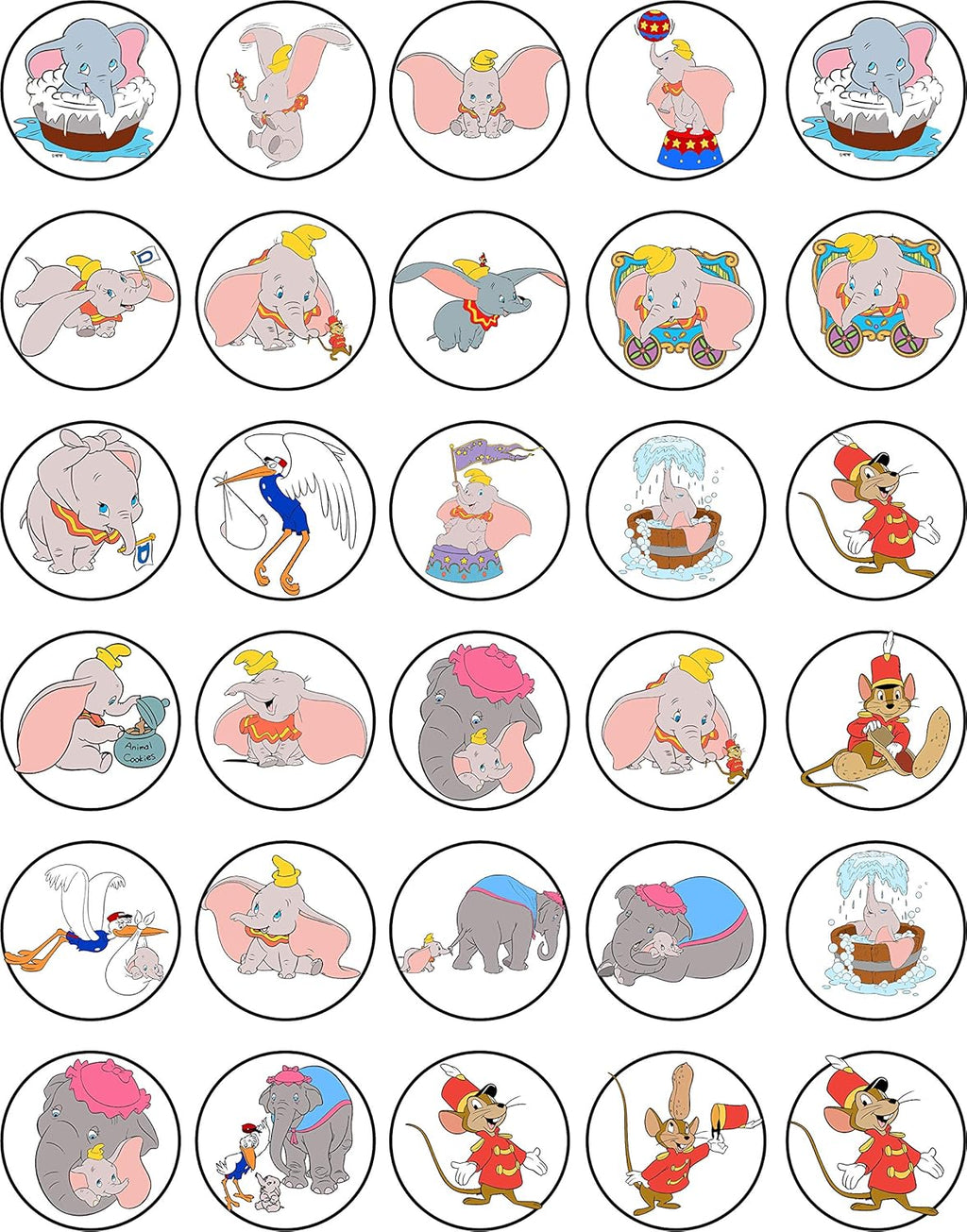 30 x Edible Cupcake Toppers – Dumbo Elephant Themed Collection of Edible Cake Decorations | Uncut Edible on Wafer Sheet