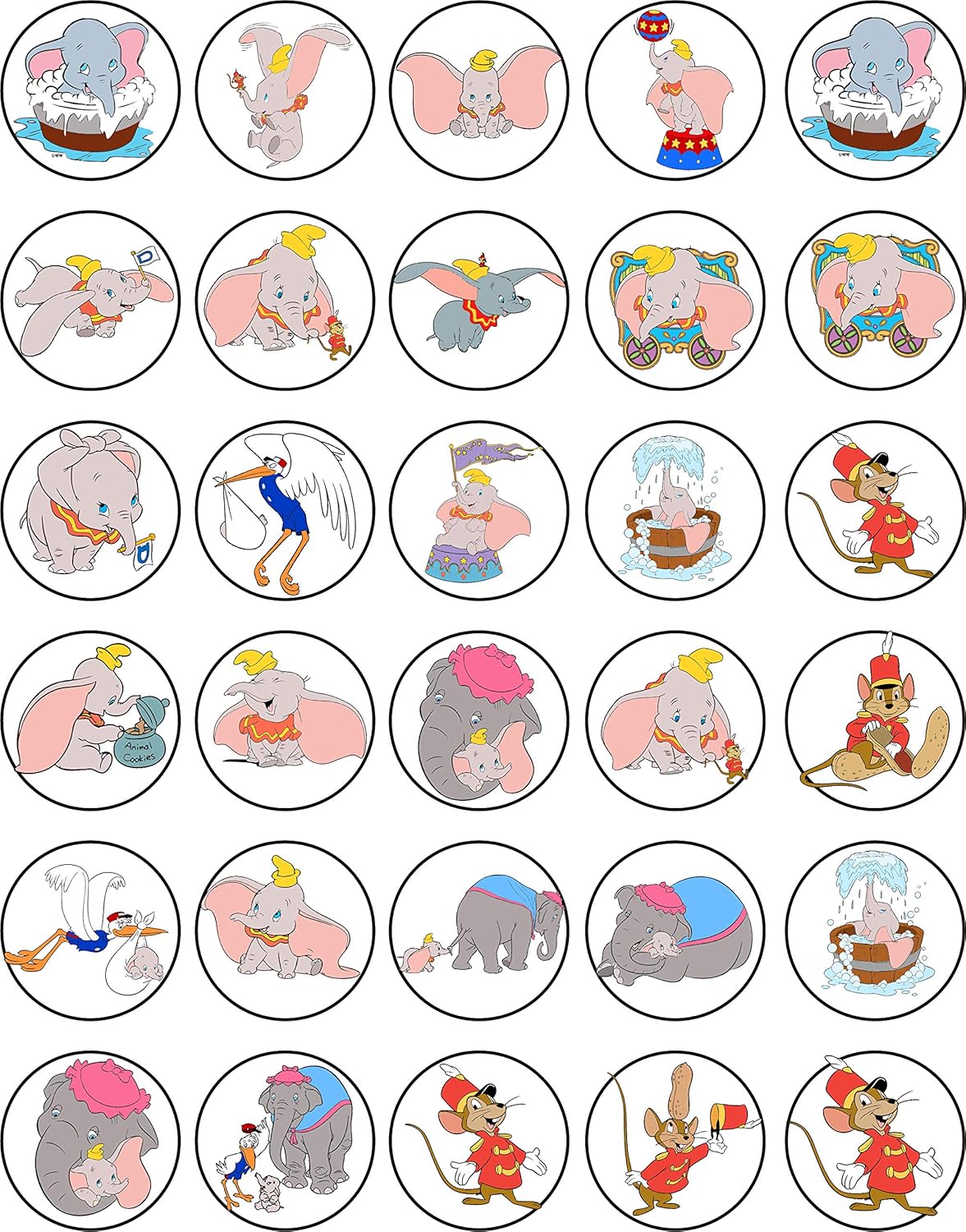 30 x Edible Cupcake Toppers – Dumbo Elephant Themed Collection of Edible Cake Decorations | Uncut Edible on Wafer Sheet