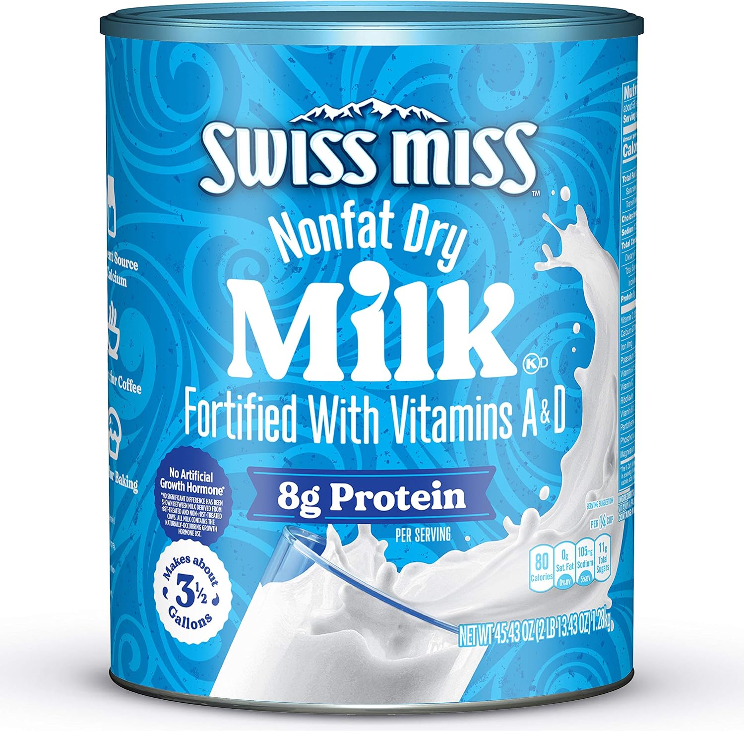 Swiss Miss Shelf Stable Nonfat Dry Powdered Milk, Hot Cocoa Bar Supplies, 45.43 oz. Canister – Fortified with Vitamins A and D, Excellent Source of Calcium