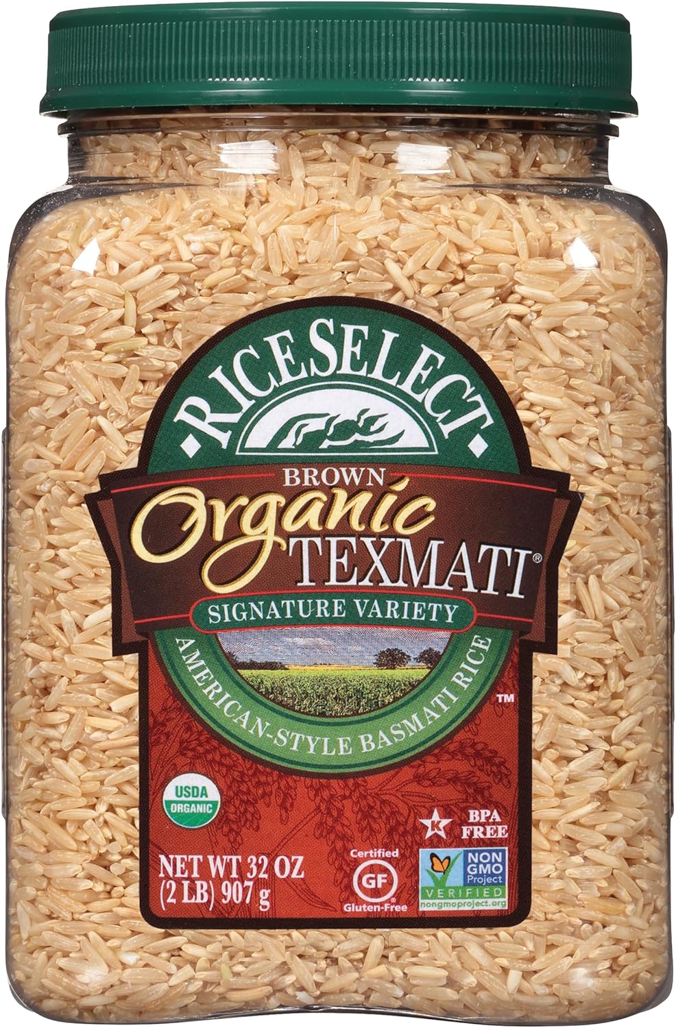 RiceSelect Organic Texmati Brown Basmati Rice, Premium Non-GMO Gluten-Free Long-Grain Brown Rice, 32-Ounce Jar