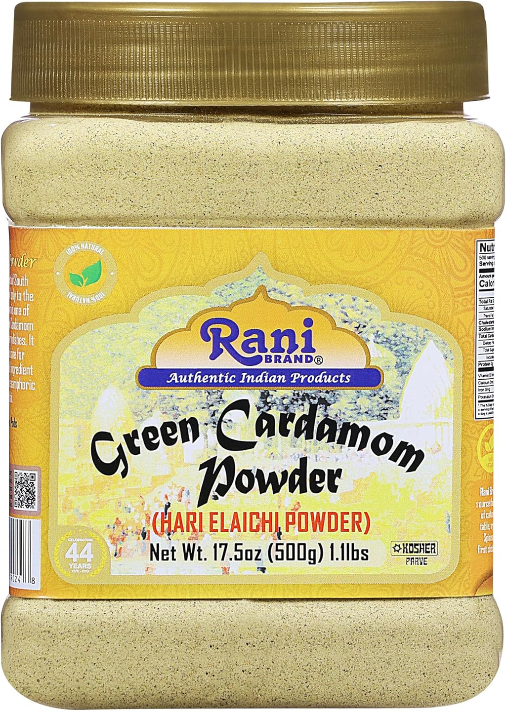 Rani Green Cardamom Pods Powder, Ground with Green Husks (Hari Elachi) 17.5oz (1.1lbs) 500g PET Jar ~ All Natural | Vegan | Gluten Friendly | NON-GMO | Kosher | Product of India