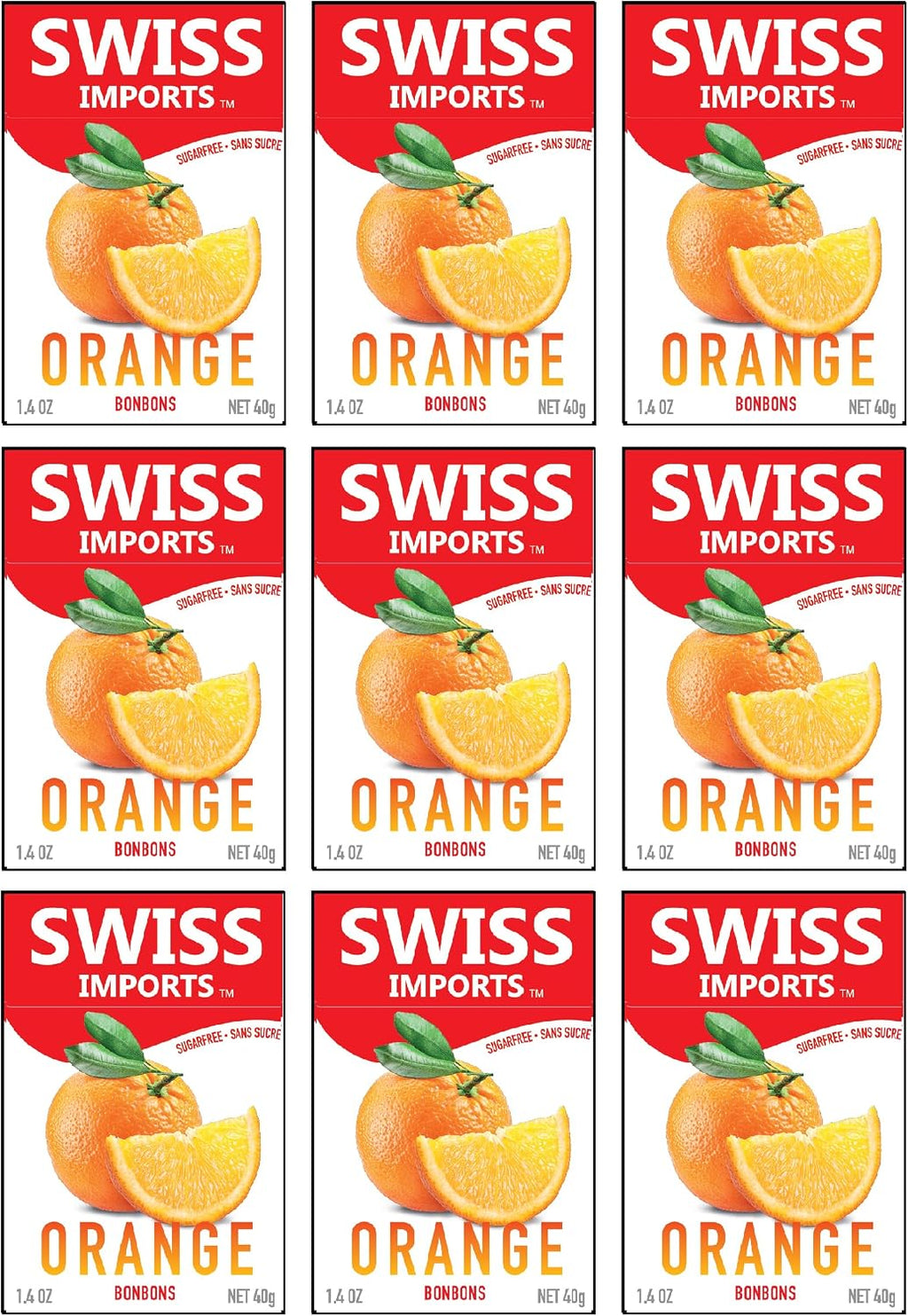 Swiss Imports Sugar Free Bonbons Hard Candy Drops, Orange, 1.4 oz/40g Box, 9 Pack