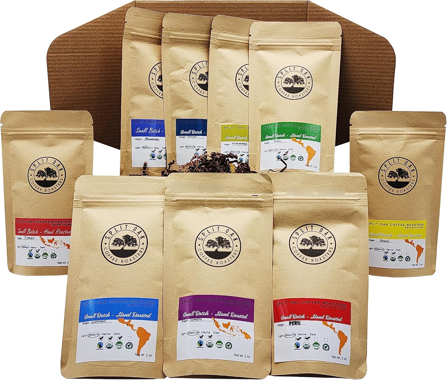 Split Oak Coffee Roasters Gourmet Gift Box – Whole Bean Variety Pack Gift Box, 9 Medium Roast Coffees from Around the World – Global Tasting Collection, 2oz Bags, Roasted in the USA