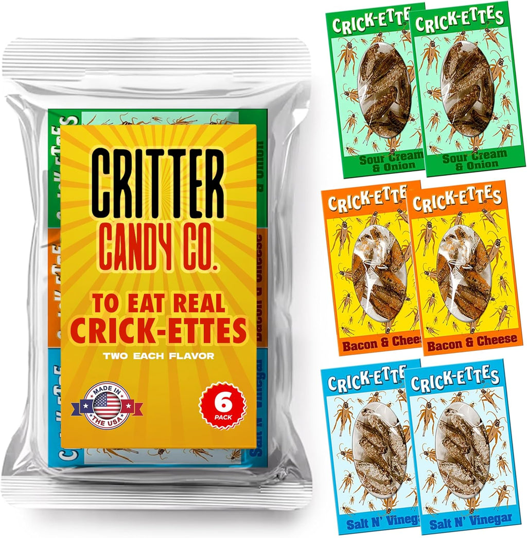 HotLix Crick-ettes Edible Bugs (6-Pack) | Salt n Vinegar, Bacon & Cheese, Sour Cream & Onion | Dried Crickets to Eat | Weird Snacks for Humans & Pets | Edible Crickets for Parties & Exotic Snacks