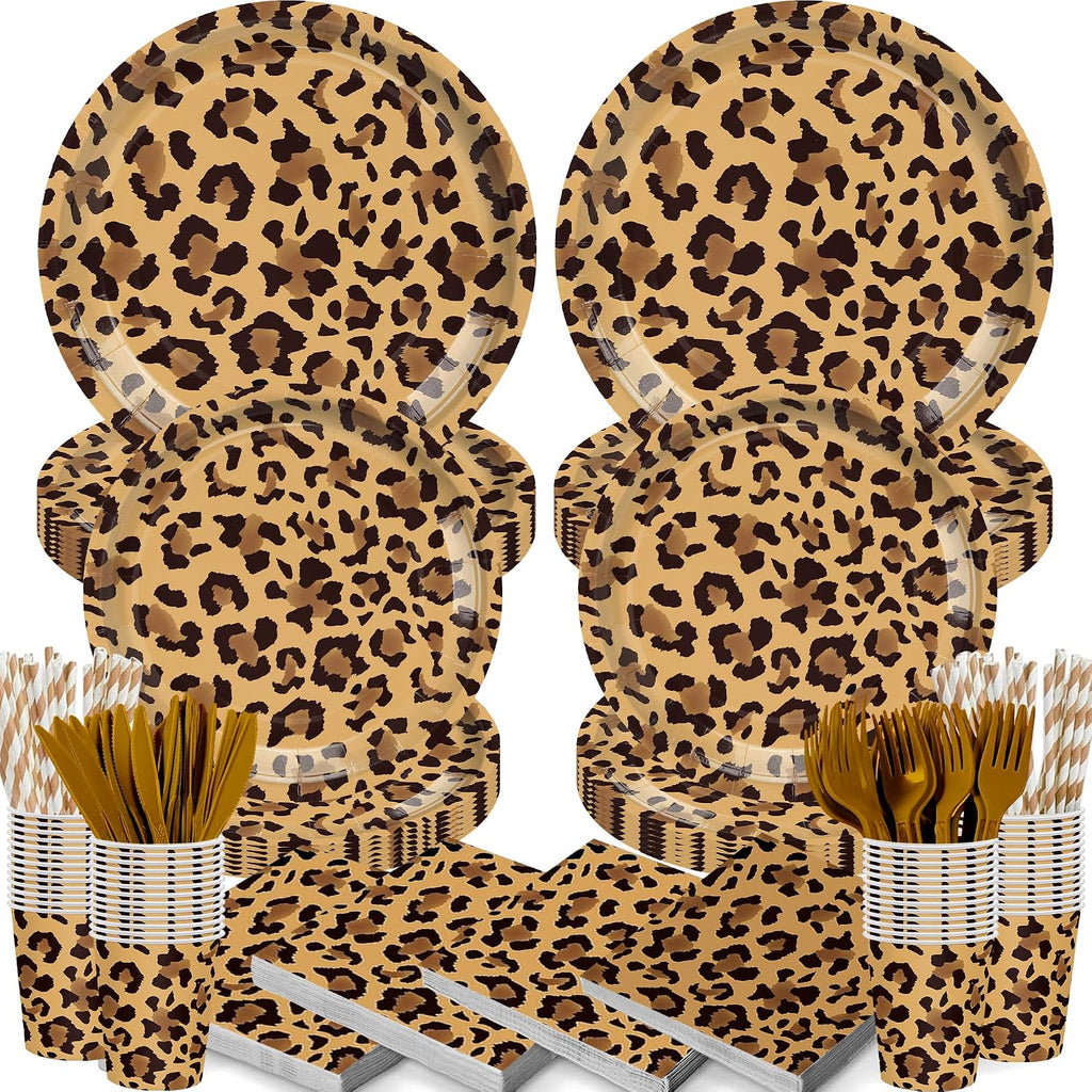 168PCS Leopard Print Party Suppplies Animal Cheetah Print Plates Napkins Cups Tableware Set Jungle Animal Leopard Theme Birthday Party Decorations Serve 24 Guests