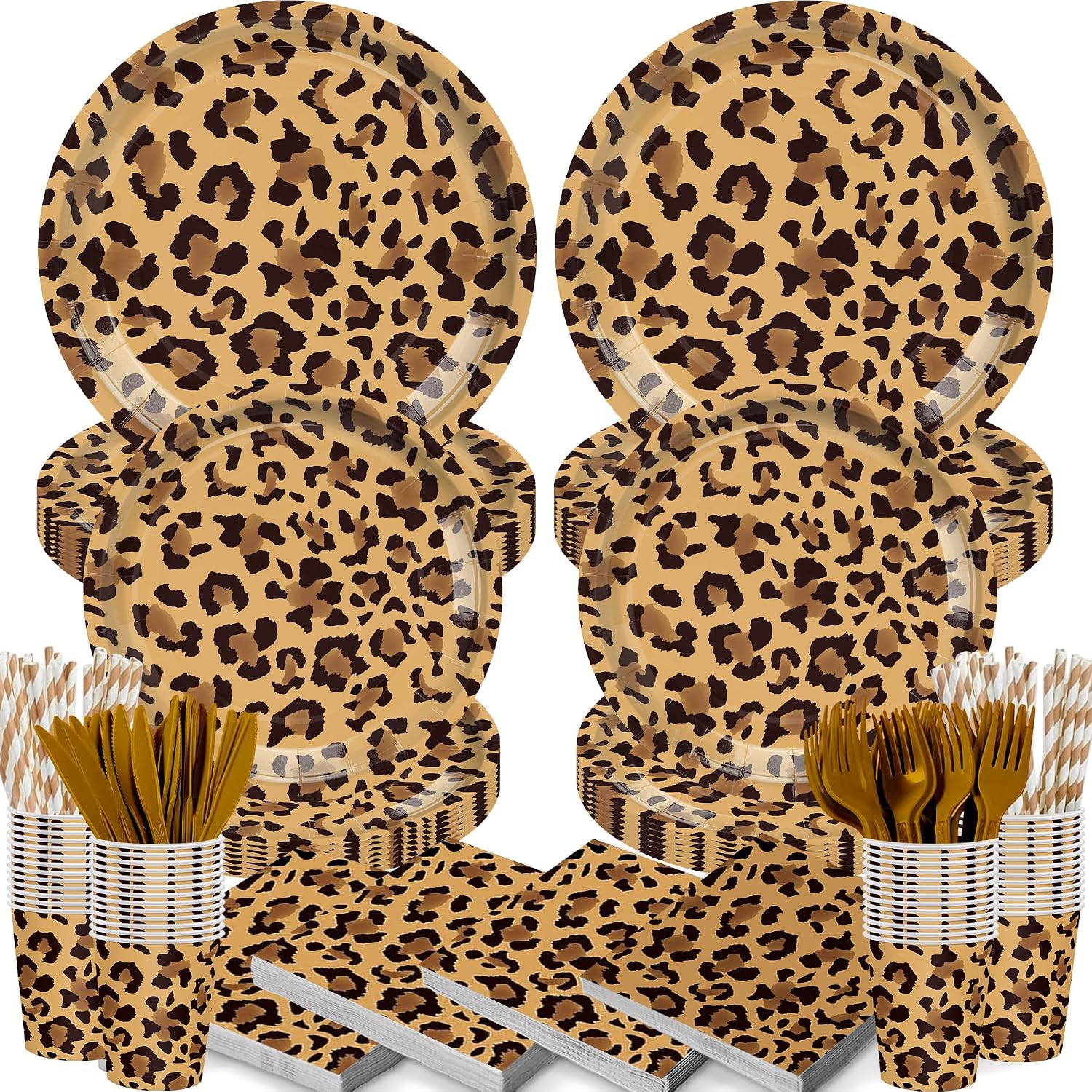 168PCS Leopard Print Party Suppplies Animal Cheetah Print Plates Napkins Cups Tableware Set Jungle Animal Leopard Theme Birthday Party Decorations Serve 24 Guests