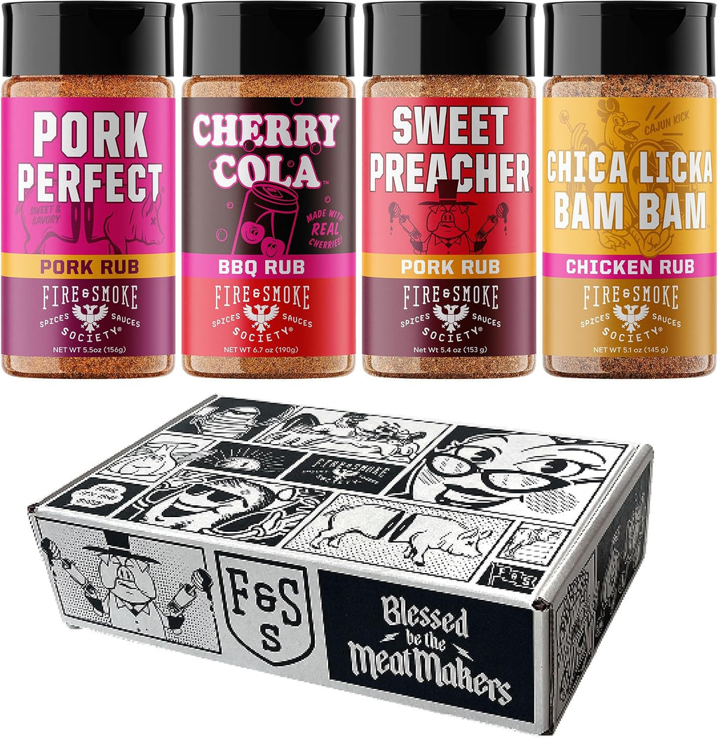 Fire & Smoke Society Barbecue & Grilling Variety Pack | BBQ Seasonings and Rubs for Smoking | Gifts for Him, Father's Day Gifts for Dad | Large Spices Bbq Spice Kit (4-Pack)