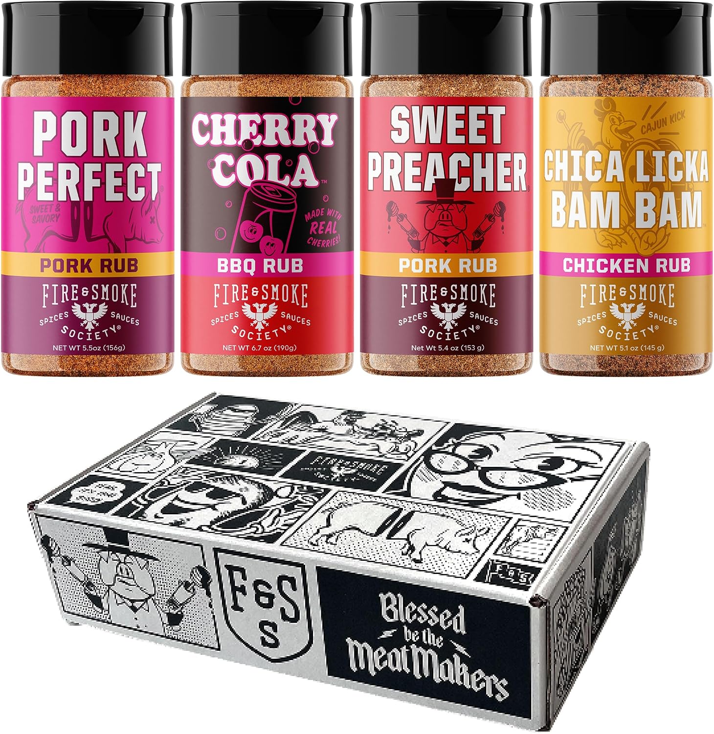 Fire & Smoke Society Barbecue & Grilling Variety Pack | BBQ Seasonings and Rubs for Smoking | Gifts for Him, Father's Day Gifts for Dad | Large Spices Bbq Spice Kit (4-Pack)