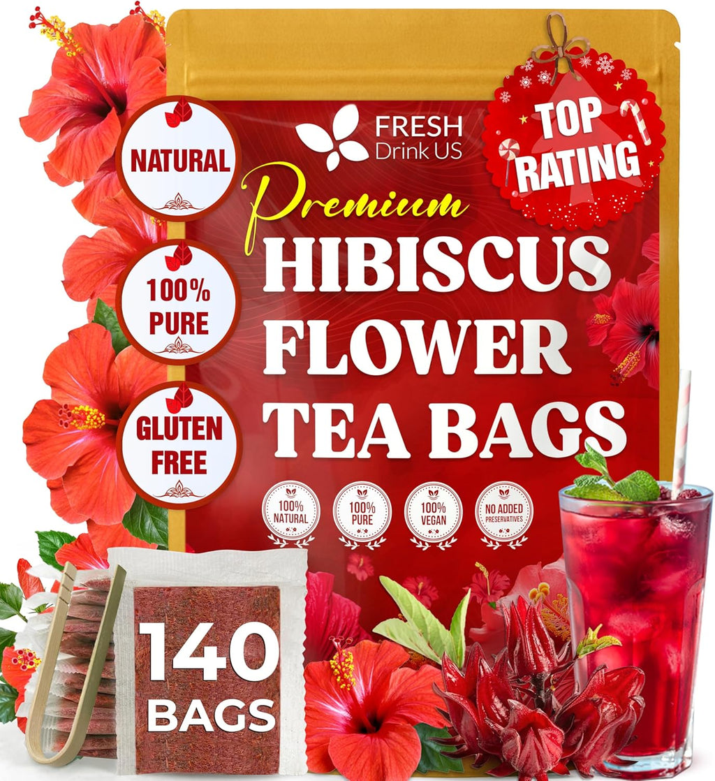 FRESHDRINKUS 140 Hibiscus Flowers Tea Bags, 100% Natural, Pure from Hibiscus Flowers. Loose Flower Hibiscus Herbal Tea. Hibiscus Flower Tea. No Sugar, No Caffeine, No Gluten, Vegan.