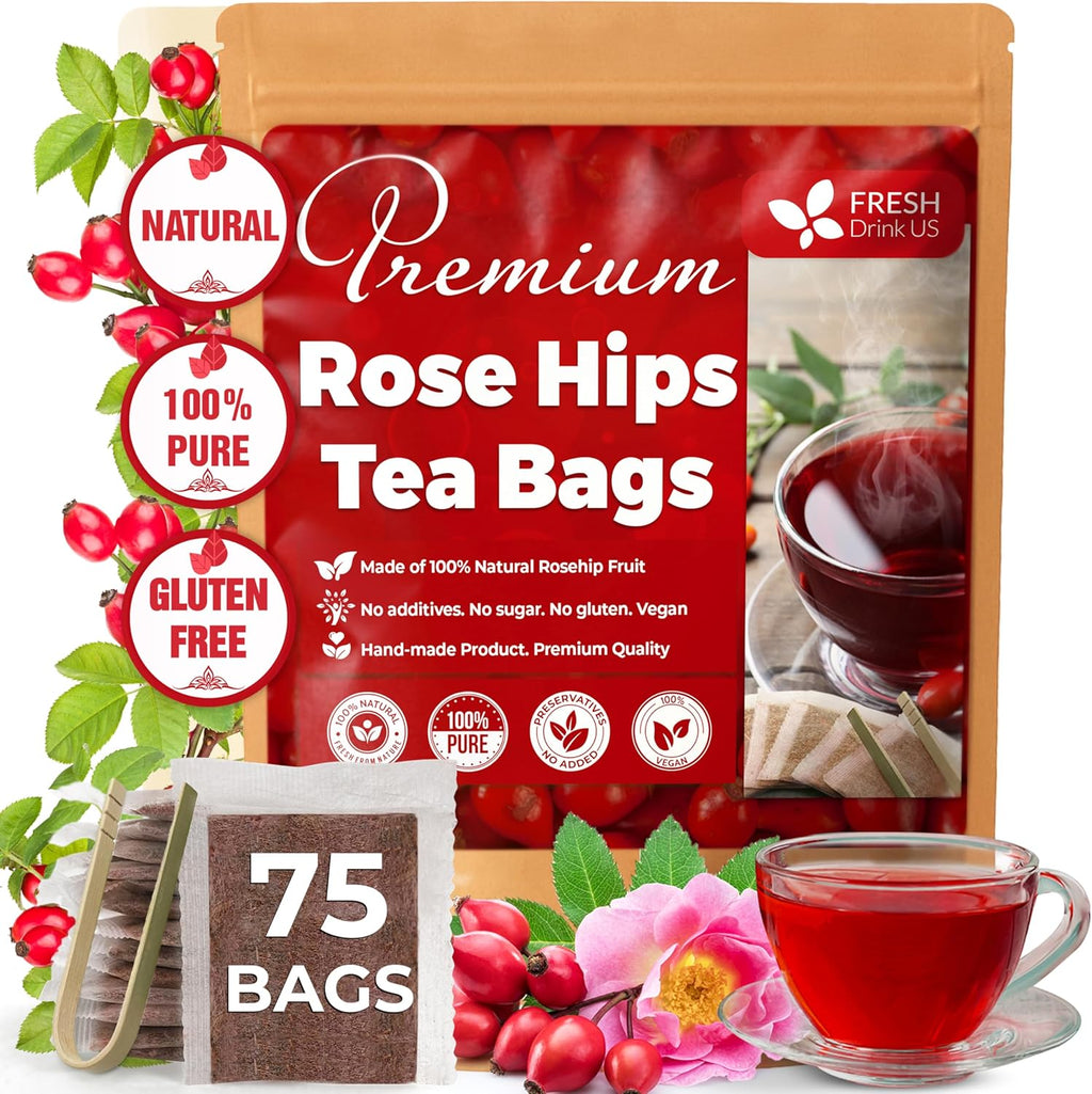 FreshDrinkUS, Premium 75 Rosehip Tea Bags, 100% Natural & Pure from Rose Hip Fruits. Loose Rosehip Herbal Tea. Made with Natural Material Tea Bags. No Sugar, No Caffeine, No Gluten, Vegan.