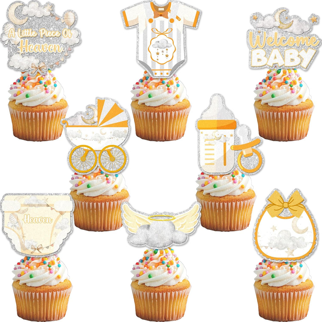 24Pcs A Little piece of Heaven Cupcake Toppers - Glitter Heaven Sent Baby Shower Party Decorations for Birthday Cake Décor
