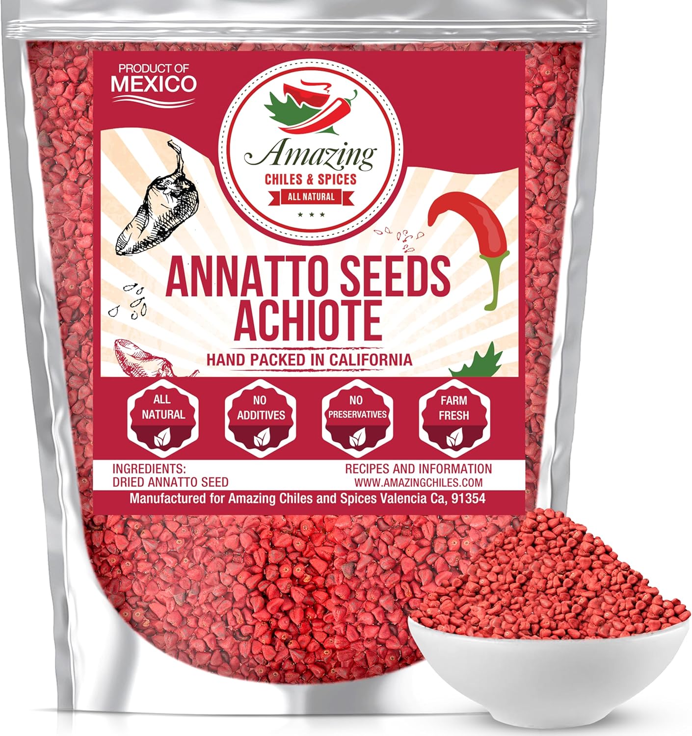 Achiote Seeds – Whole Annatto 4oz. Premium All Natural, Add Color and Mild Flavor in Soup, Stews, Meats and Mexican Recipes