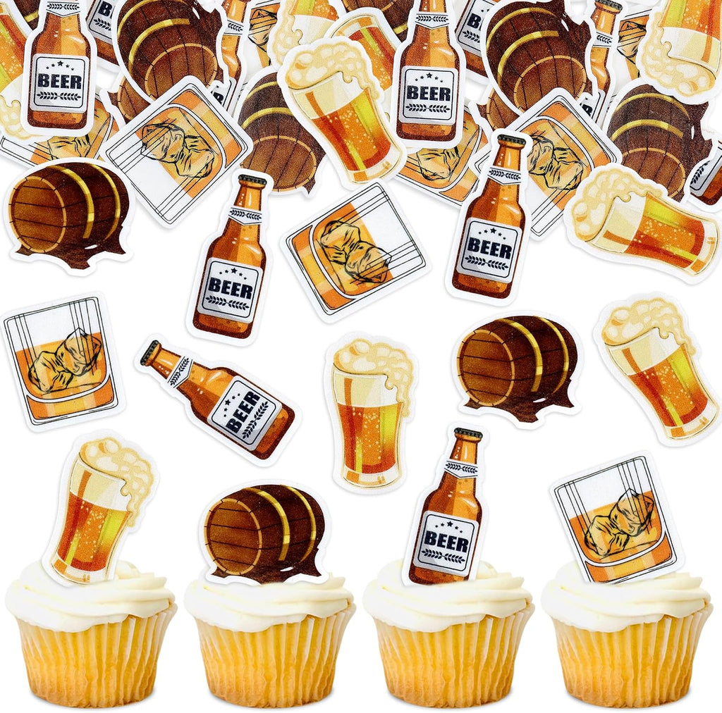 Ercadio 40Pcs Edible Beer Party Cupcake Toppers Beer Kegs Cupcake Picks for Men Birthday Cupcake Decorations Father's Day Cheers and Beers Alcohol Birthday Party Decor Supplies