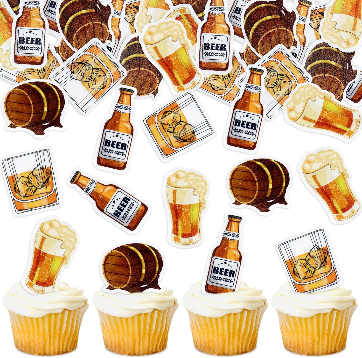 Ercadio 40Pcs Edible Beer Party Cupcake Toppers Beer Kegs Cupcake Picks for Men Birthday Cupcake Decorations Father's Day Cheers and Beers Alcohol Birthday Party Decor Supplies