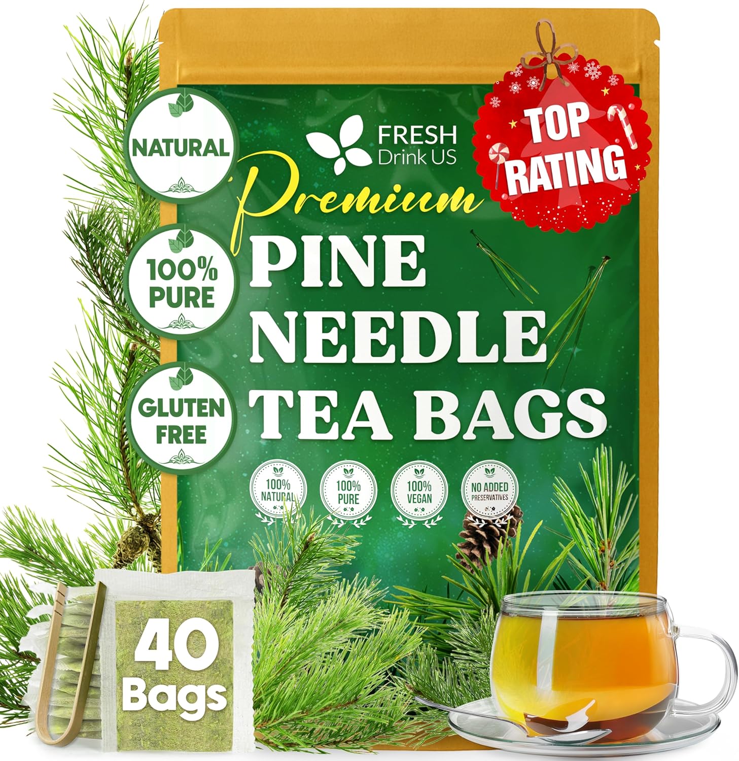 FreshDrinkUS, Pine Needle Tea Bags – 40 Tea Bags, Naturally Caffeine-Free, Refreshing Herbal Tea, Wild-Harvested Pine Leaves, Aromatic and Soothing – Non-GMO & Eco-Friendly Packaging