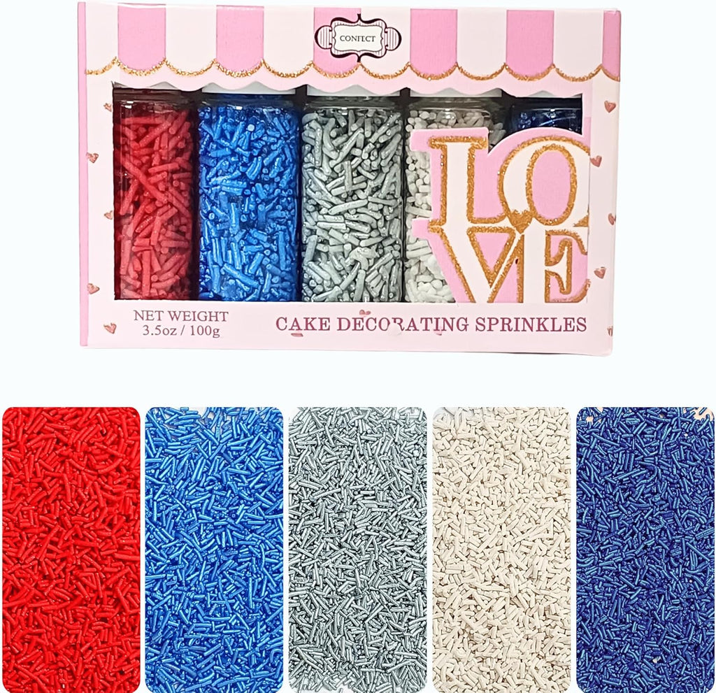Confect Edible Christmas Sprinkles | Assorted Pack of 5 Mix Patriotic Red, White, Blue & Silver Jimmies | Sprinkles For Cake & Cupcake Decorations | Vegan, Gluten-Free, Soy-Free, Dairy-Free, Palm Oil-Free- 5 Oz