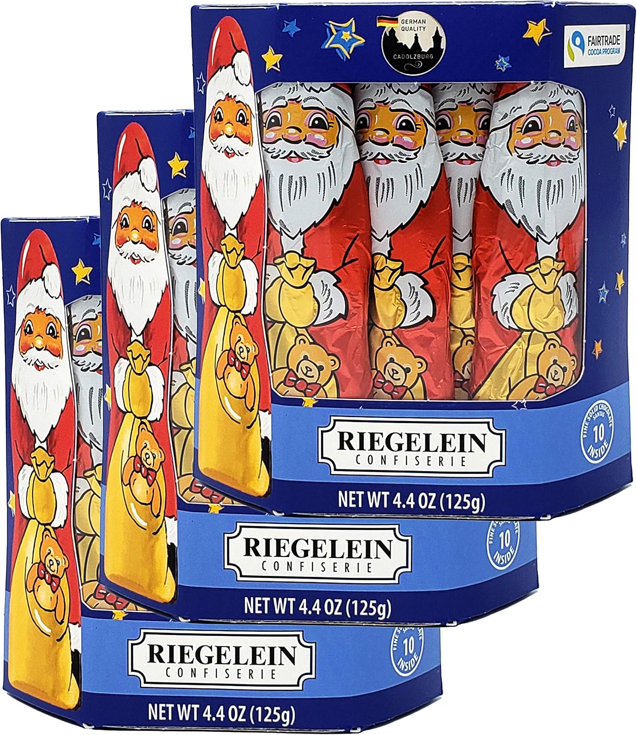 Riegelein German Christmas Candy Santas - Solid Milk Chocolate Stocking Stuffer - Foil Wrapped Xmas Santa Candy - 125 g