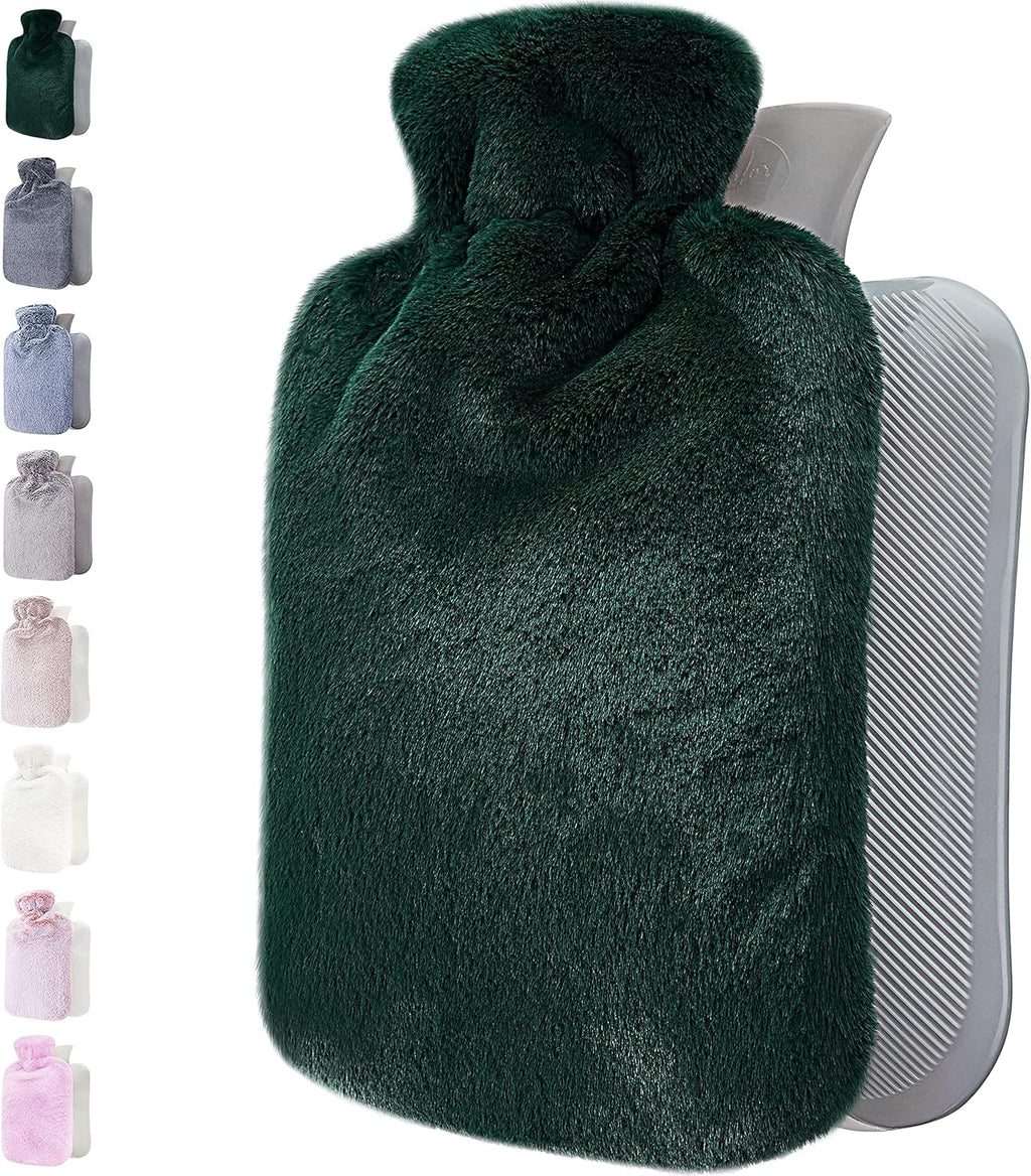 Hot Water Bottle - with Soft Premium Fleece Cover - Green, 2L - Heating Pad for Menstrual Cramps and Period Comfort - Bed Foot Warmer - Hot & Cold Compress for Back, Stomach, Neck Pain Relief