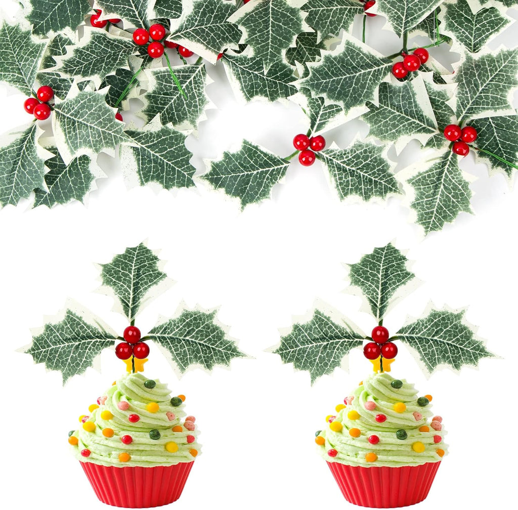 Gyufise 15Pcs Merry Cupcake Toppers 3D Holly Berries Cake Toppers Decorations for Christmas, New Year Party Supplies