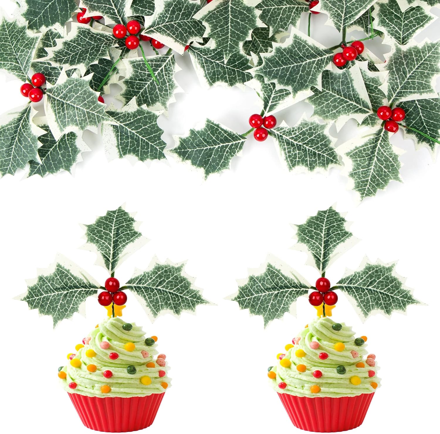Gyufise 15Pcs Merry Cupcake Toppers 3D Holly Berries Cake Toppers Decorations for Christmas, New Year Party Supplies