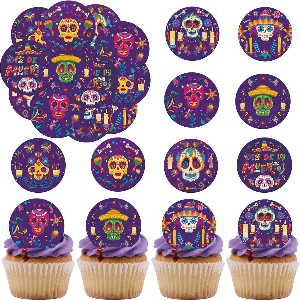 36PCS Edible Dia De Los Muertos Cupcake Toppers Wafer Paper Day of The Dead Cupcake Picks Skeleton Sugar Skul Cupcake Toppers for Mexican Fiesta Theme Party Decor Supplies (Skull)