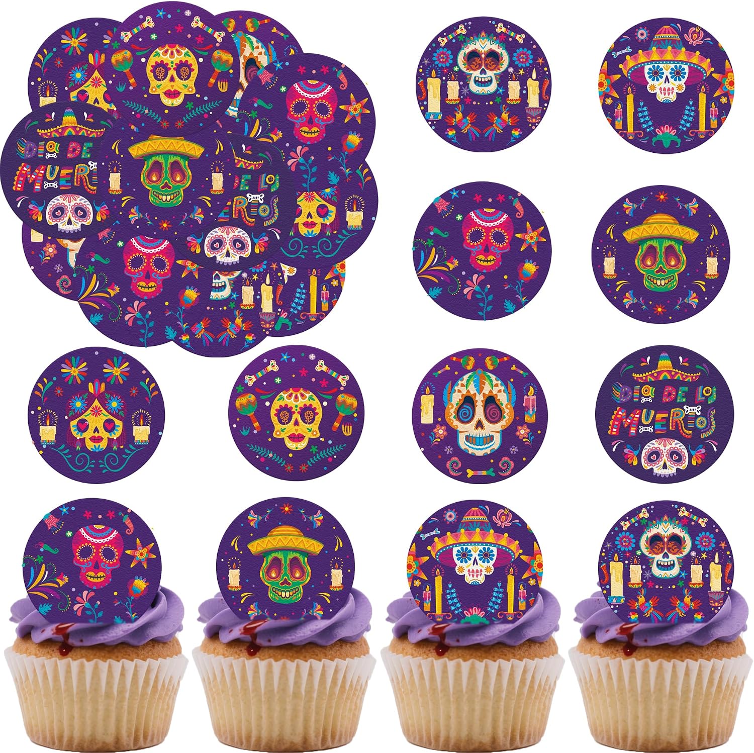 36PCS Edible Dia De Los Muertos Cupcake Toppers Wafer Paper Day of The Dead Cupcake Picks Skeleton Sugar Skul Cupcake Toppers for Mexican Fiesta Theme Party Decor Supplies (Skull)