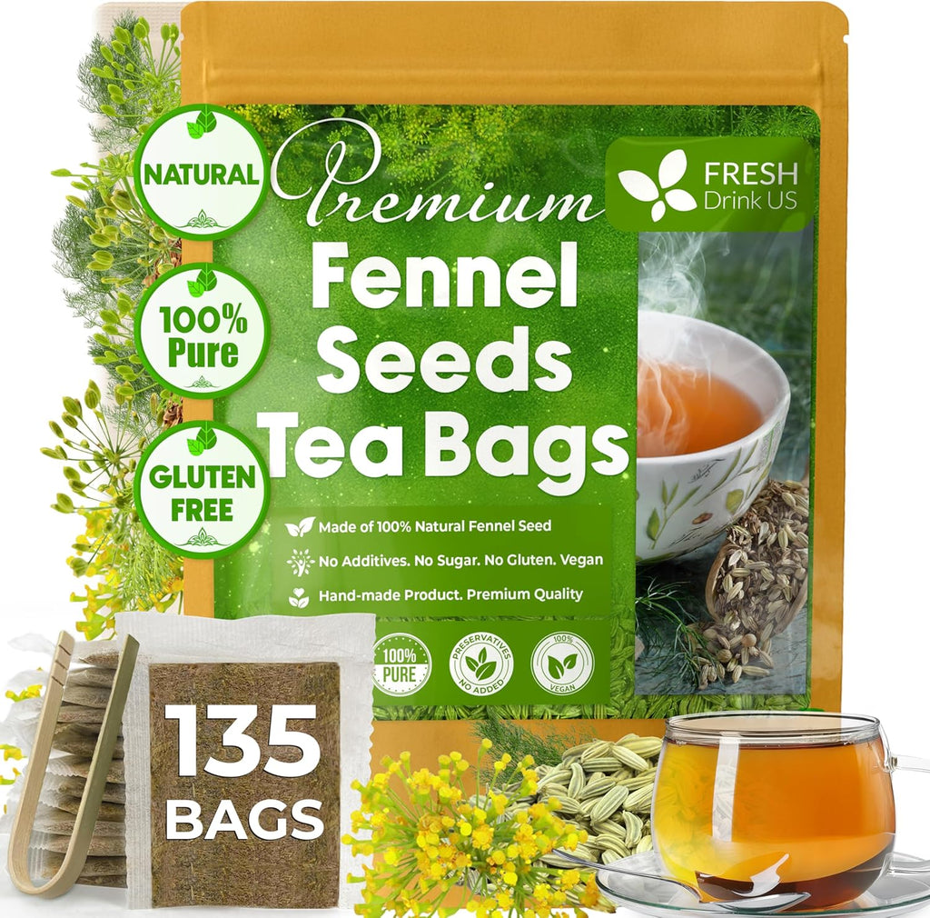 FreshDrinkUS, Premium 135 Fennel Tea Bags, 100% Natural & Pure from Fennel Seeds. Made with Natural Material Tea Bags. No Sugar, No Caffeine, No Gluten, Vegan.
