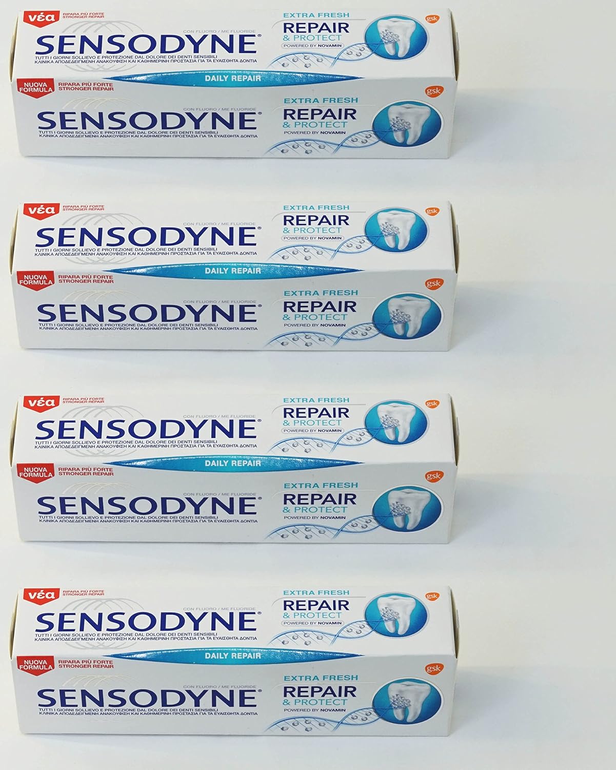 Sensodyne: "Repair & Protect Extra Fresh" Toothpaste, Powered by NovaMin * 2.53 Fluid Ounce (75ml) Tube (Pack of 4) * [ Italian Import ]