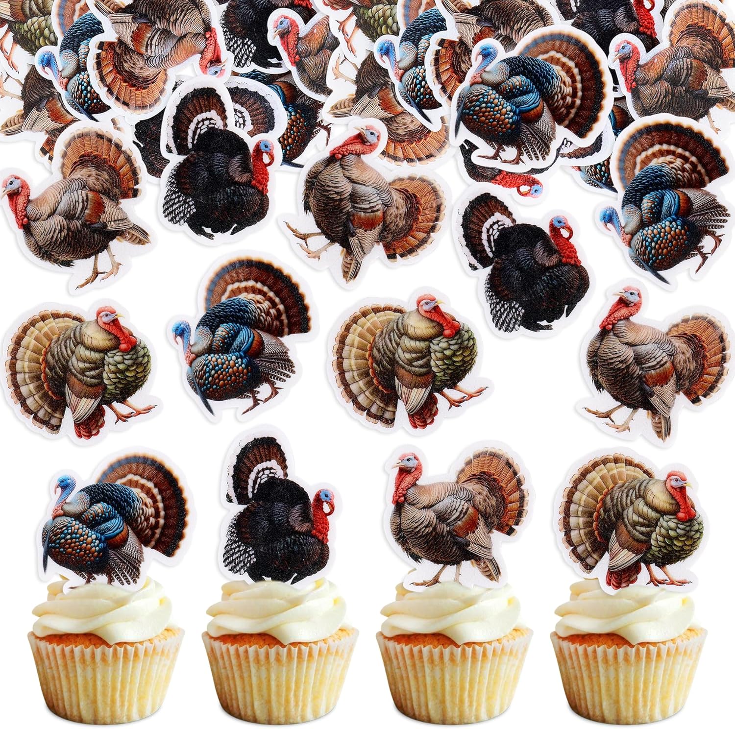 Ercadio 48 Pack Edible Thanksgiving Cupcake Toppers Turkey Cake Picks Thankful Cake Decorations for Happy Thanksgiving Day Theme Party Decoration Supplies
