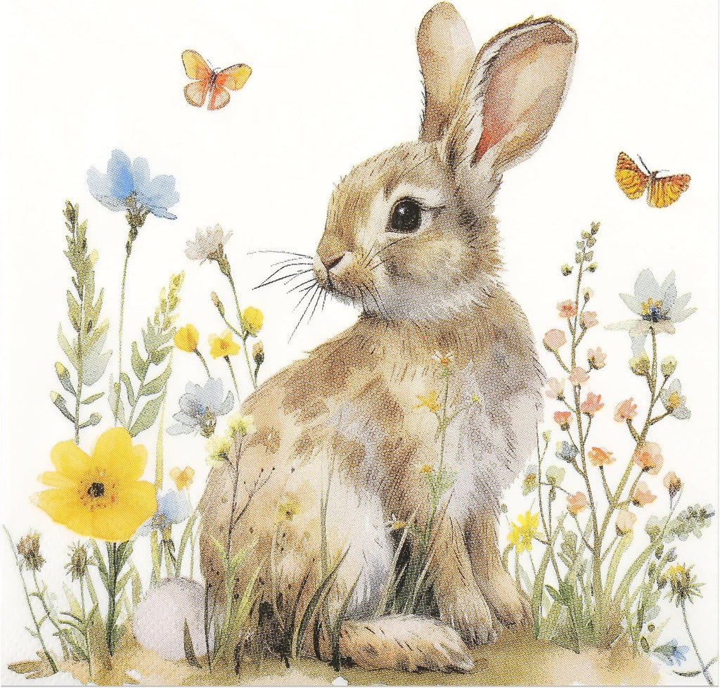 100Pcs Easter Bunny in Meadow Party Napkins Spring Floral Bunny Disposable Paper Napkin 6.5'' Flower Rabbit Beverage Napkins for Baby Shower Birthday Garden Tea Party Supplies