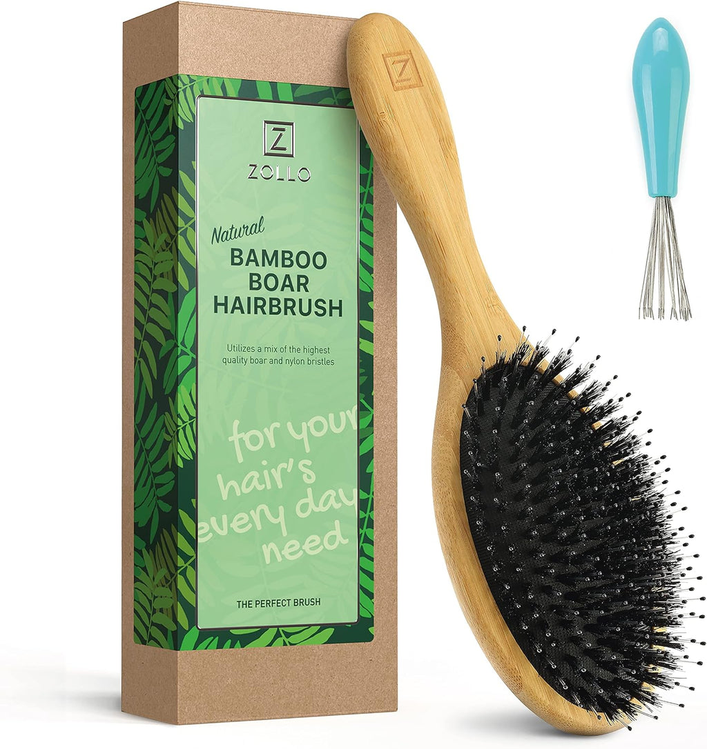 Natural Boar Bristle Hair Brush for Women, Men, Kids; Dry and Wet Detangling Hair Brush Gently Enhances Shine, Smooths Frizz and Prevents Breakage in Fine and Straight, Thick and Curly Hair (oval)