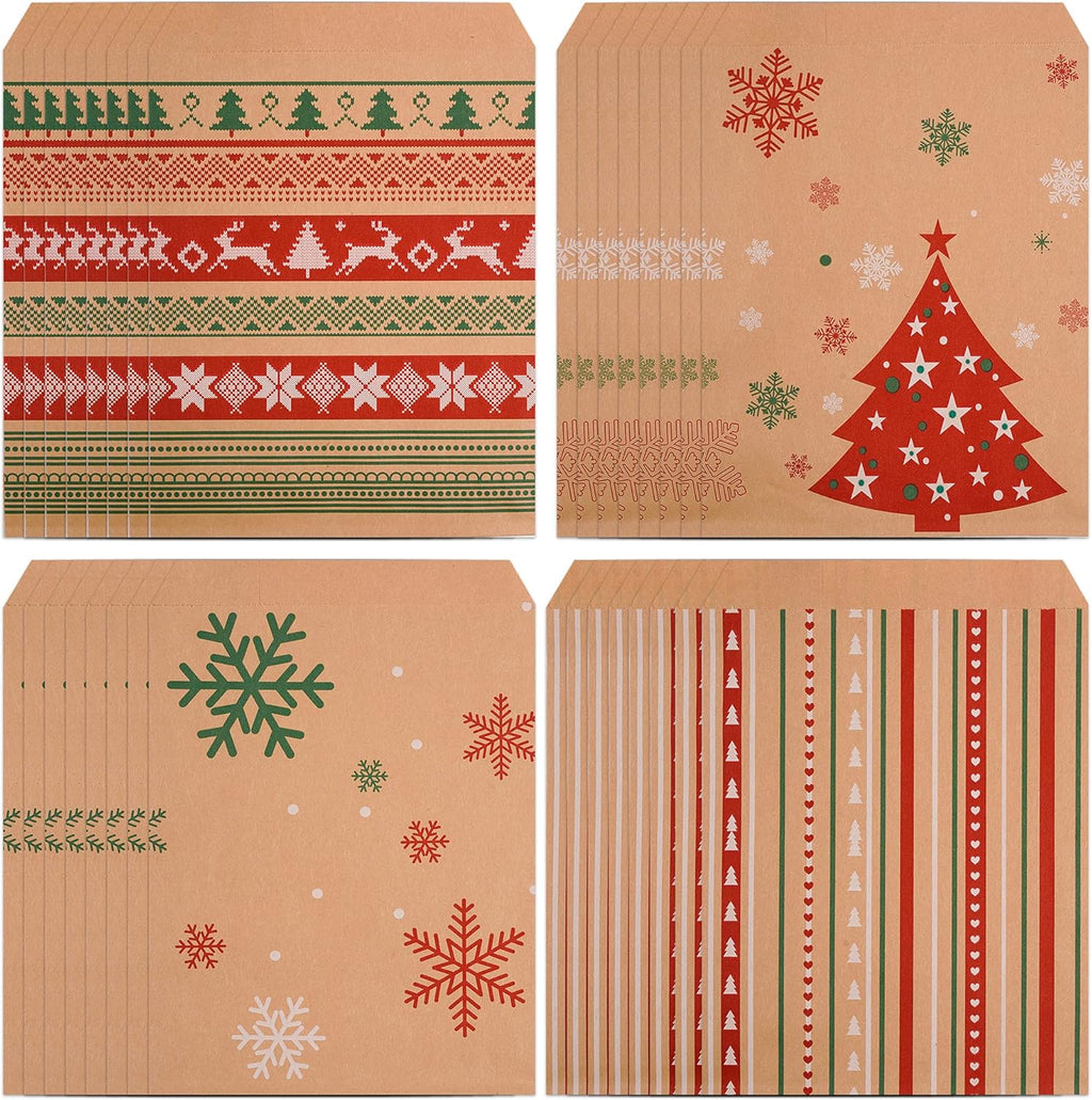 100 Pieces Christmas Kraft Treat Bags Holiday Goody Buffet Paper Bags for Xmas Party Supplies,4 Styles