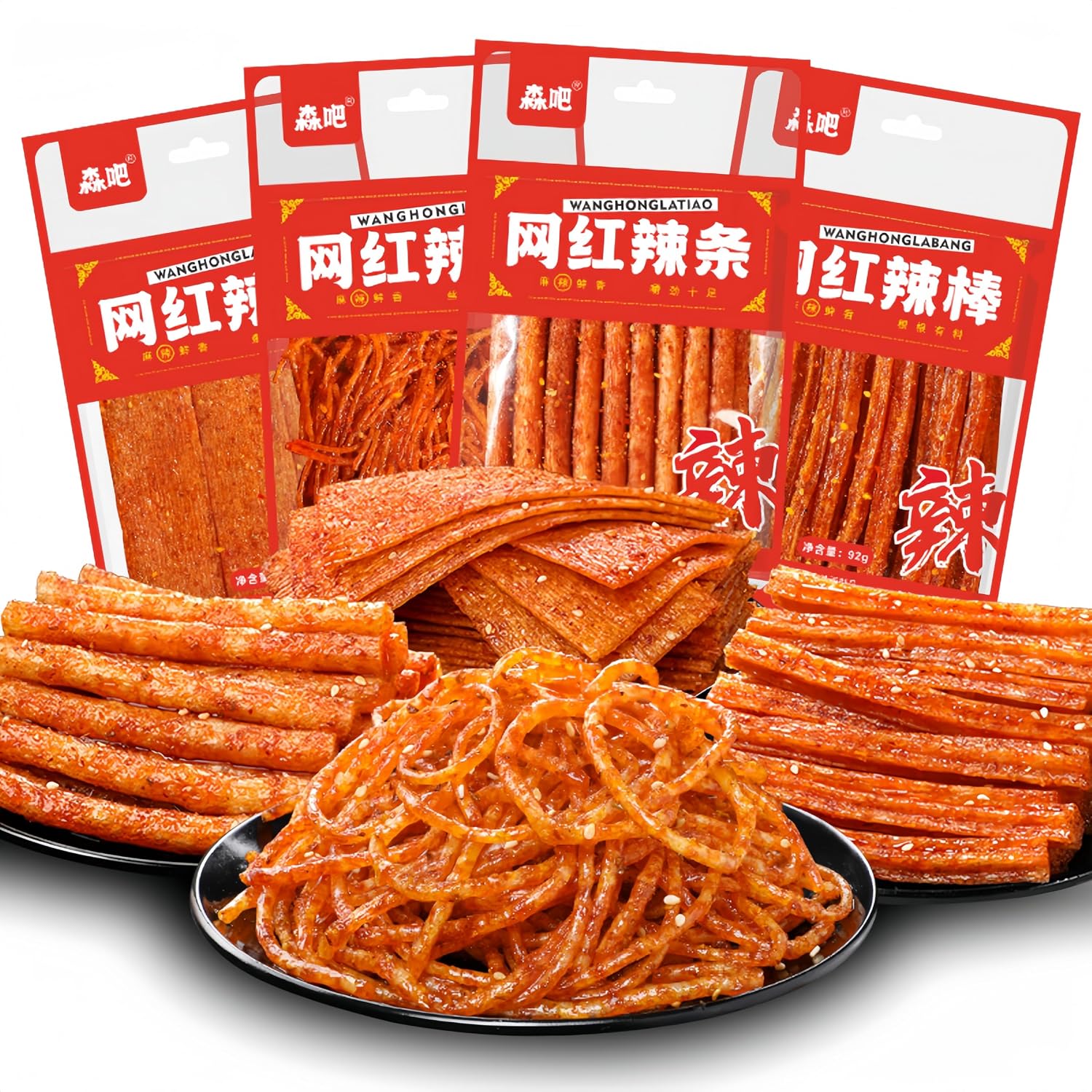 Spicy Strip Small Gluten Latiao - Chinese Special Classic Handmade Gluten Latiao Snack Food Delicious Snacking for Holiday gift Fragrant Spicy Flavour, 4 combinations Packed(4 Bags)