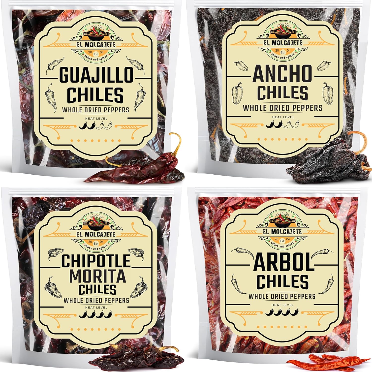 Dried Chile Pepper Variety 4-Pack - Ancho, Guajillo, Arbol & Chipotle Chiles - Whole Peppers for Authentic Mexican Cooking, Sauces, Salsas & Marinades – Bold Flavor, Hand Selected By El Molcajete