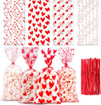 Valentines Cellophane Bags, Valentines Gift Bag, Valentine Treat Bags, Plastic Clear Red Valentine's Candy Cookie Goodie Snack Bag with Twist Ties for Valentines Day Wedding Party Favor Supplies,50 Pcs