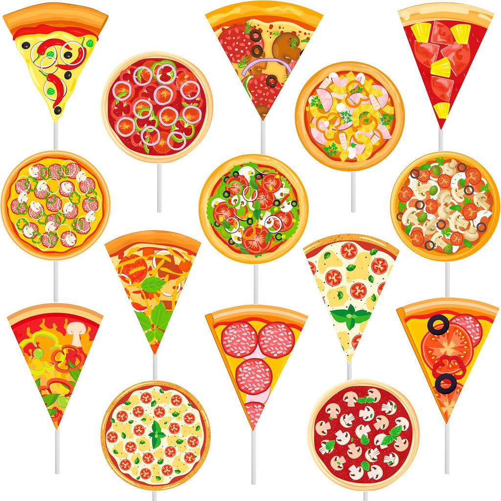 24pcs Pizza Party Cupake Toppers Pizzas Themed Birthday Party Decoration Pizza Time Party Cake Decoration for Fast Food Baby Shower Supplies