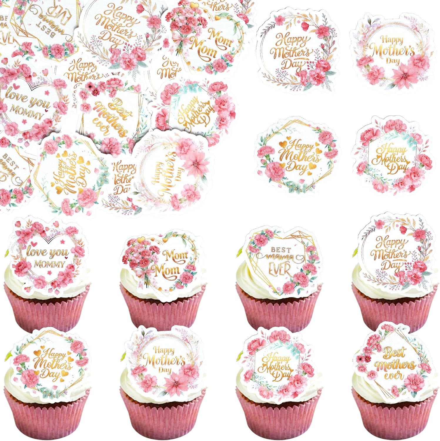 64 PCS Edible Happy Mother's Day Cupcake Toppers Wafer Paper Rose Flowers Love Mom Cake Decorations Edible Best Mother Cupcake Picks for Happy Mother's Day Women Birthday Party Decorations Supplies