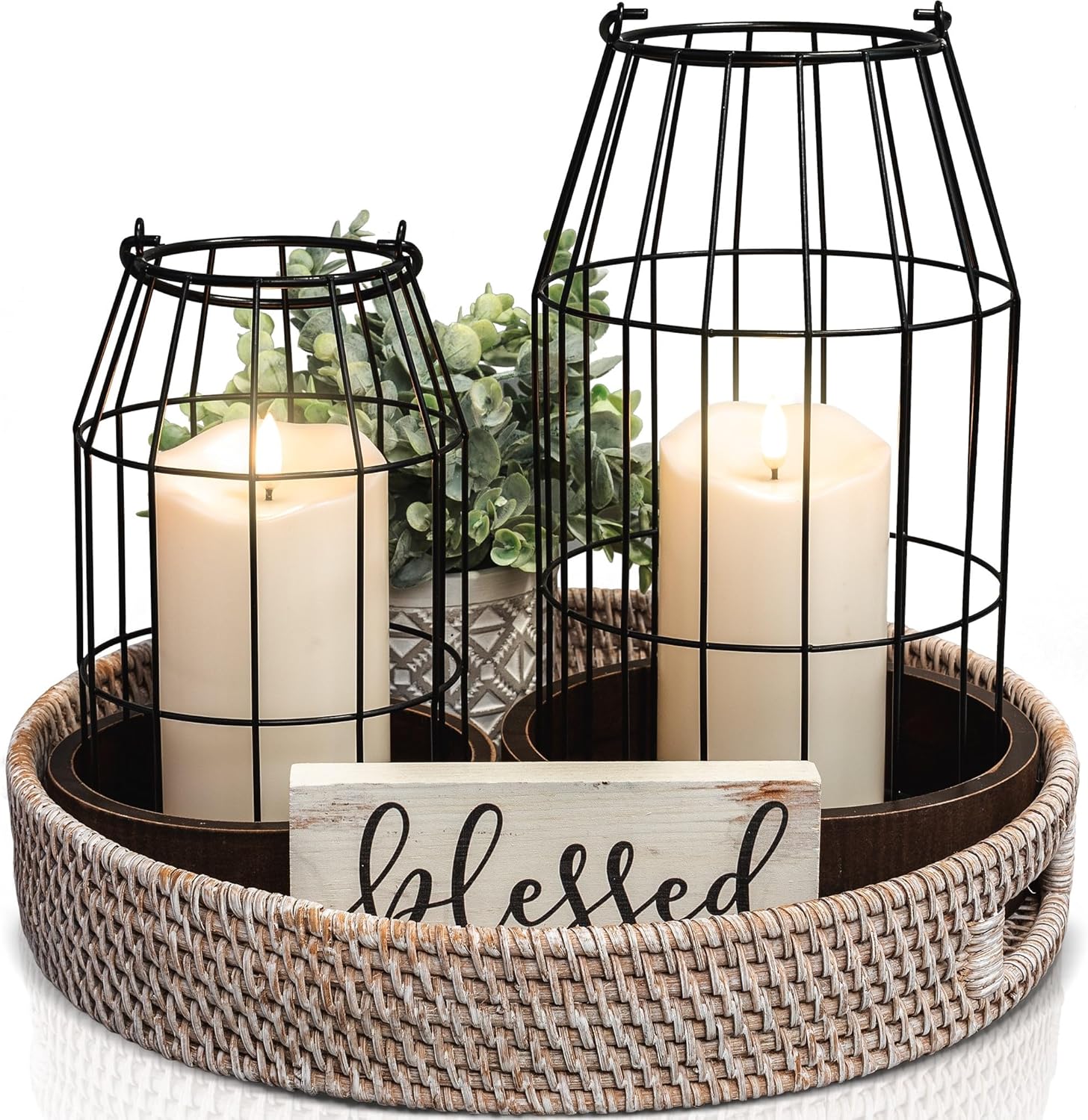 Rustic Farmhouse Lantern Decor Set of 2 - Stylish Decorative Lanterns for Your Living Room, Fireplace Mantle or Kitchen Dining Table - Modern Indoor/Outdoor Coffee Table Decor for Your Entire Home