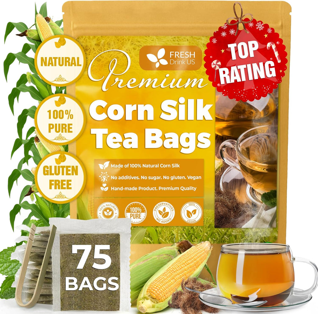 FreshDrinkUS, Premium 75 Tea Bags Corn Silk Tea, 100% Natural & Pure from Corn Silk. Herbal Tea. Clean Ingredients. Made with Natural Material Tea Bags. No Sugar, No Caffeine, Vegan.