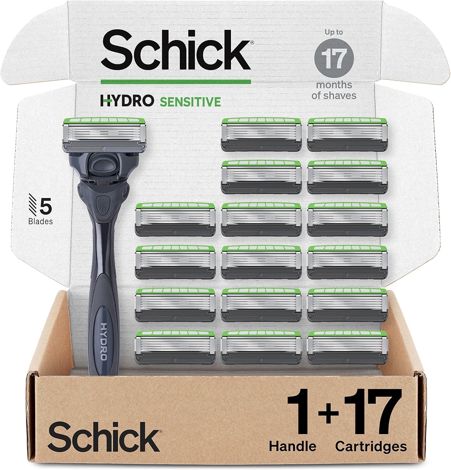 Schick Hydro Sensitive Razors for Men | 5-Blade Mens Razors for Shaving, 1 Mens Razor Handle with 17 Razor Blades Refills