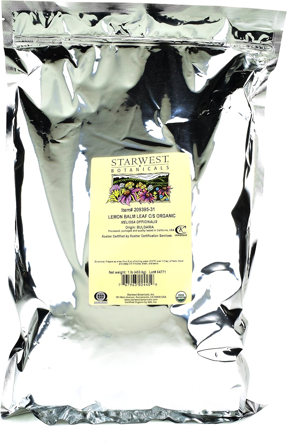 Starwest Botanicals Organic Lemon Balm Leaf C/S, 1 Pound