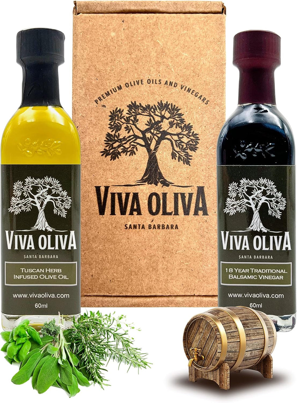 Viva Oliva Two 60ml (2oz) Variety Gift Set - Tuscan Herb Infused Olive Oil & 18 Year Traditional Barrel Aged Balsamic Vinegar - Premium Quality - 100% Natural