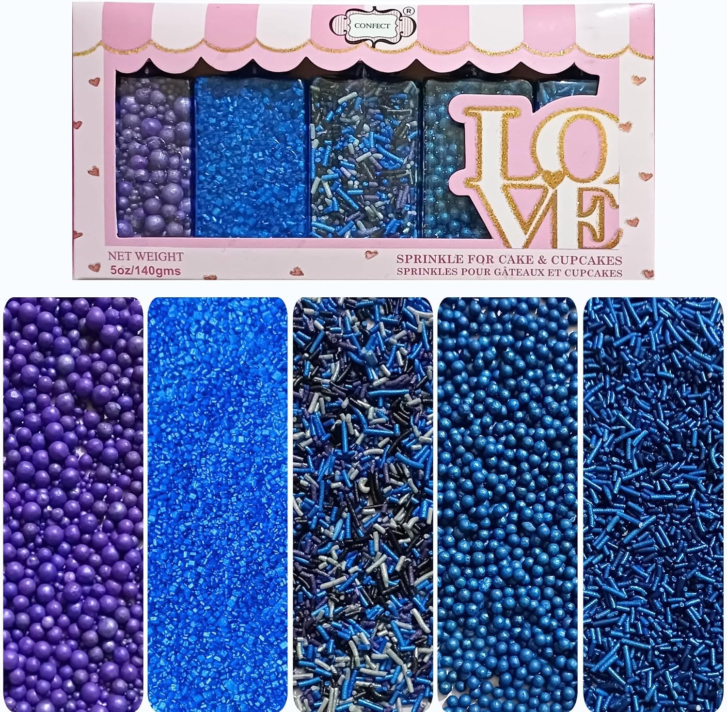 Confect Edible Cake Sprinkles – Decorating Mix | Navy & Blue Purple Pearls, Silver & Black Jimmies, Blue Sparkling Sugar | Sprinkles for Cake, Cupcake & Cookie Decoration - Vegan, Gluten-Free, Nut-Free, Soy-Free, Dairy-Free, Palm Oil-Free-5 Oz