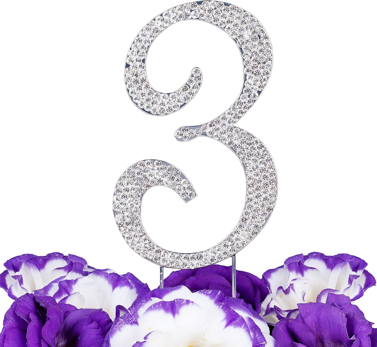 LOVENJOY Gift-Boxed Number 3 3rd Sparkly Crystal Rhinestone Cake Topper Silver, 2.8"