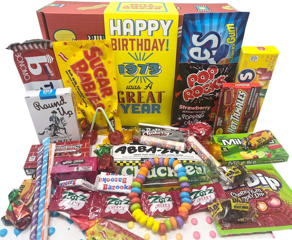 RETRO CANDY YUM ~ 1973 53rd Birthday Gift Box Mix Nostalgic Candy from Childhood for 53 Year Old Man or Woman Born 1973 Jr