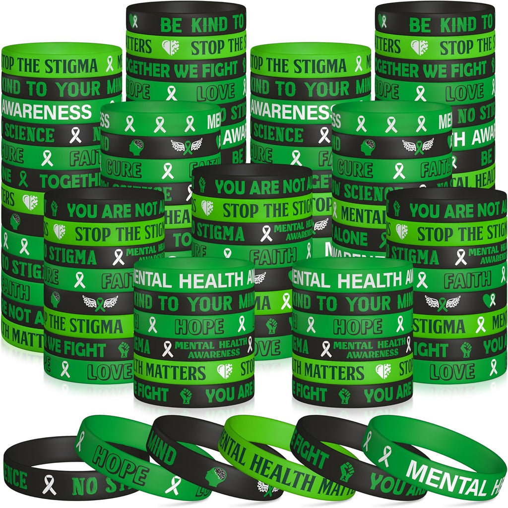 WATINC Mental Health Awareness Silicone Wristbands Set, Mental Health Hope Green Ribbons Rubber Label Bracelets, Motivational Rubber Bracelet with Inspirational Message for Men Teens (240Pcs)
