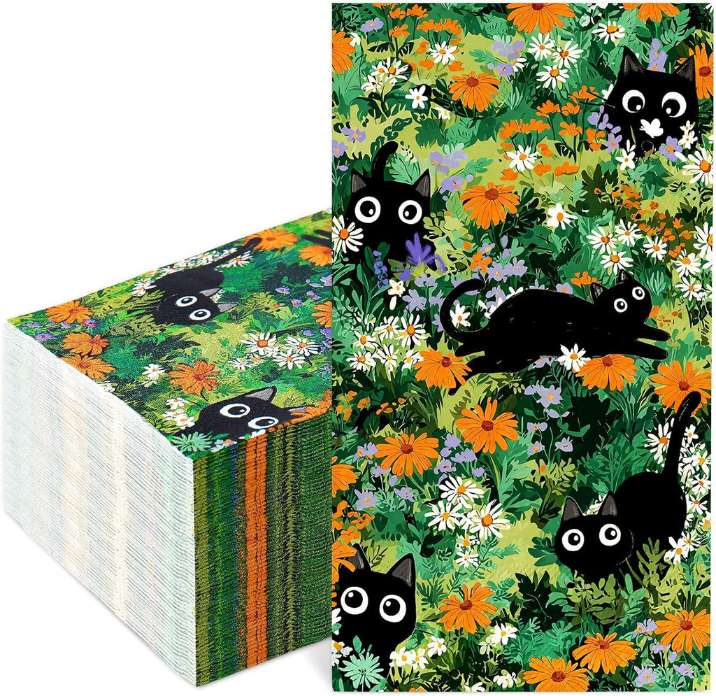 FYSUIMU 100 Pcs Guest Napkins Disposable Paper Napkin Flower Black Cat Dinner Hand Napkins for Kitchen Home Bathroom Party Supplies Table Decor