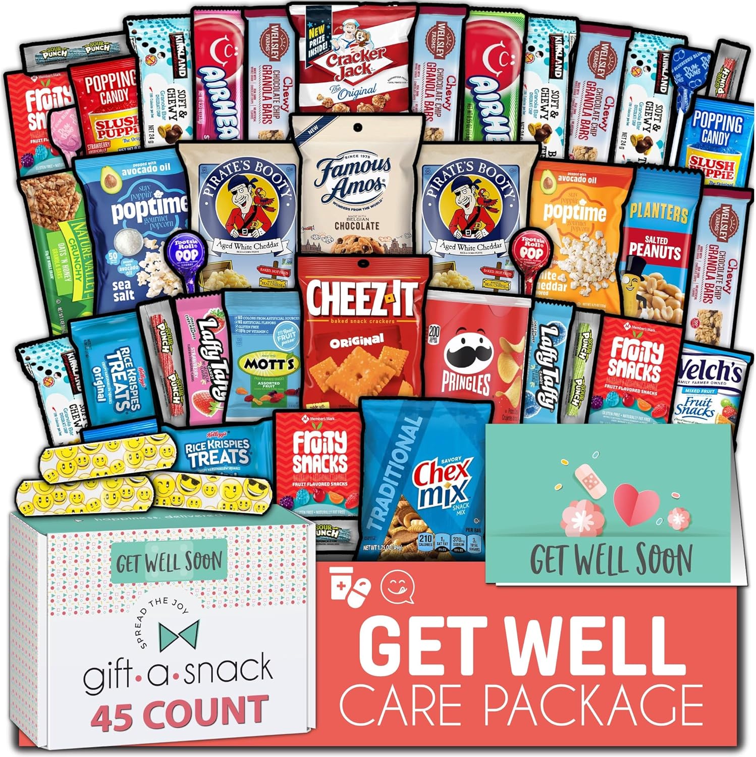 Gift A Snack - Get Well Soon Snack Box Variety Pack Care Package + Greeting Card (45 Count) Feel Better Sweet Treats Gift Basket, Candies Chips Crackers Bars - Office Food Assortments