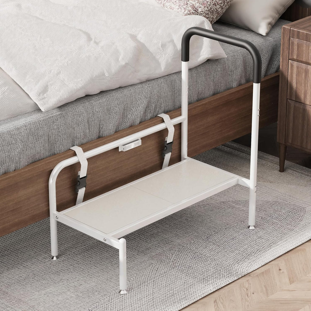 Bed Step Stool for Adults, Bedside Steps for Elderly Seniors with Non-Slip Handle & LED Light, Stable Assist Rail for High Beds