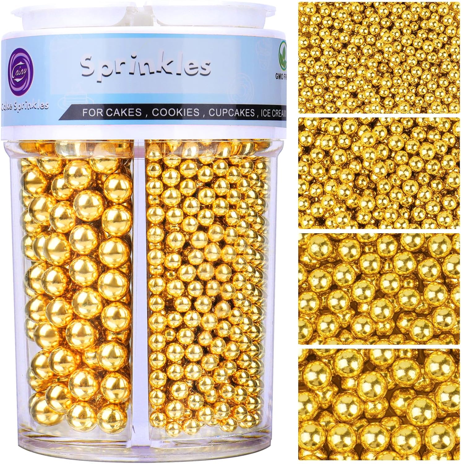 Sprinkles for Cake Decorating, Deluxe Gold Pearl Sprinkles 7.8oz 4 Sizes Mix for Cookie Baking Donuts Ice Cream Cake Cupcake Toppings